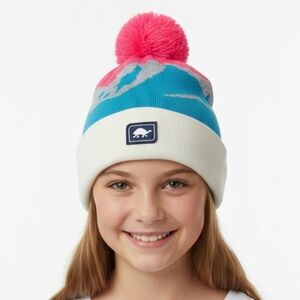 Turtlefur Youth Mountain Air Winter Hat Beanie With Pom Pom Pink Blue